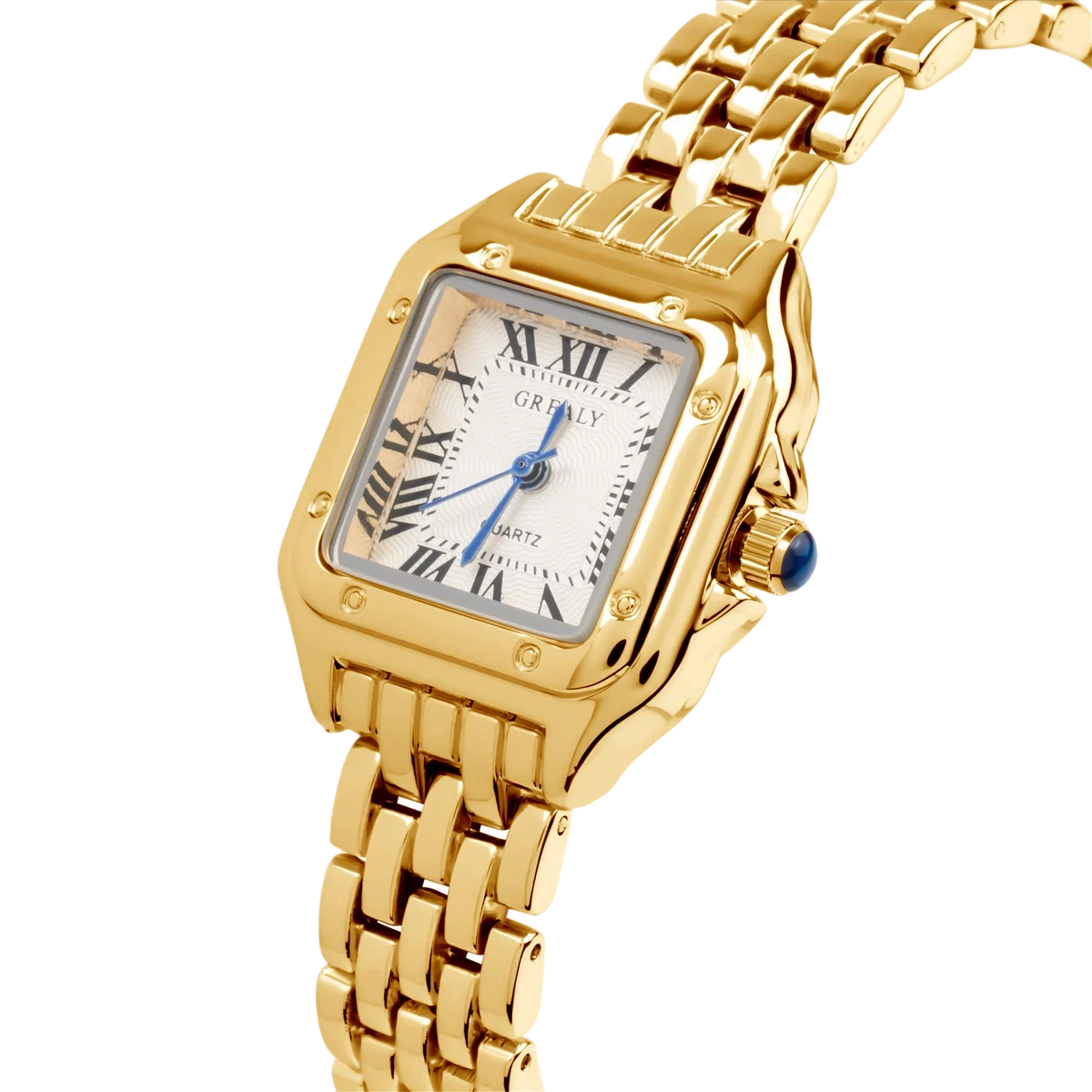 Virgena Grealy gold-tone square watch, angled view of the Roman numeral dial, blue hands and link bracelet