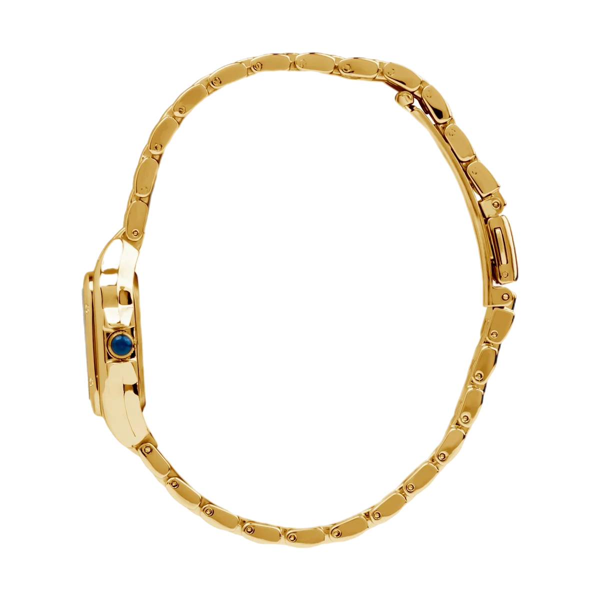 Virgena Grealy gold-tone watch, side view showing the blue crown and the full link bracelet
