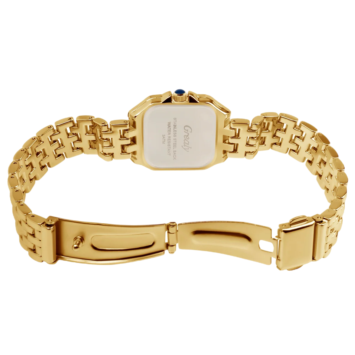 Back of the Virgena Grealy gold-tone watch showing the stainless steel caseback and folding clasp