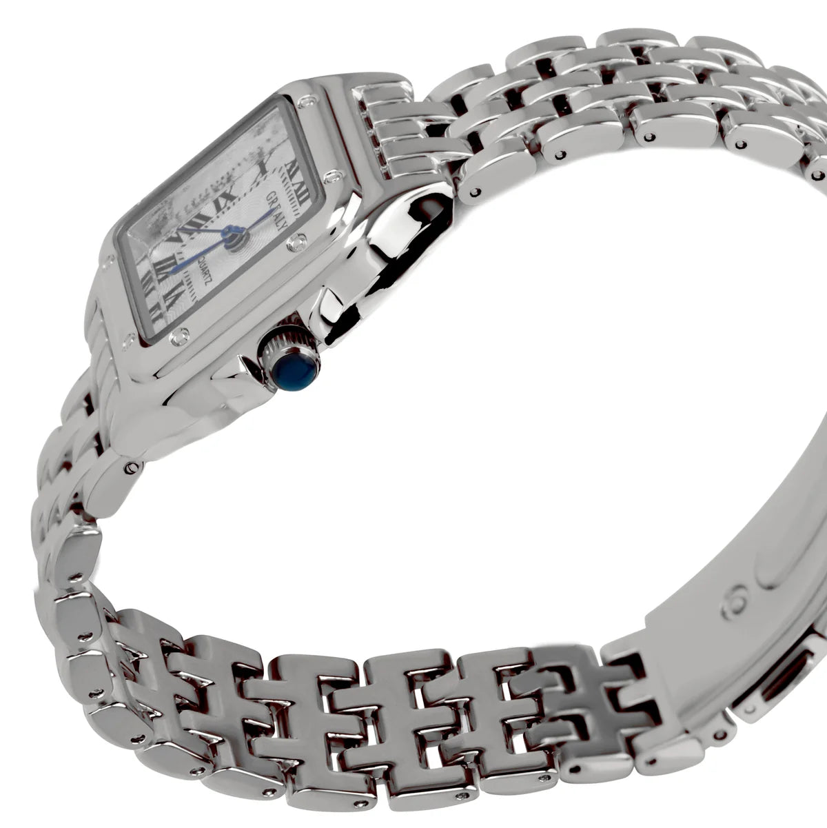 Virgena Grealy silver-tone watch, side view of the square case, blue crown and link bracelet