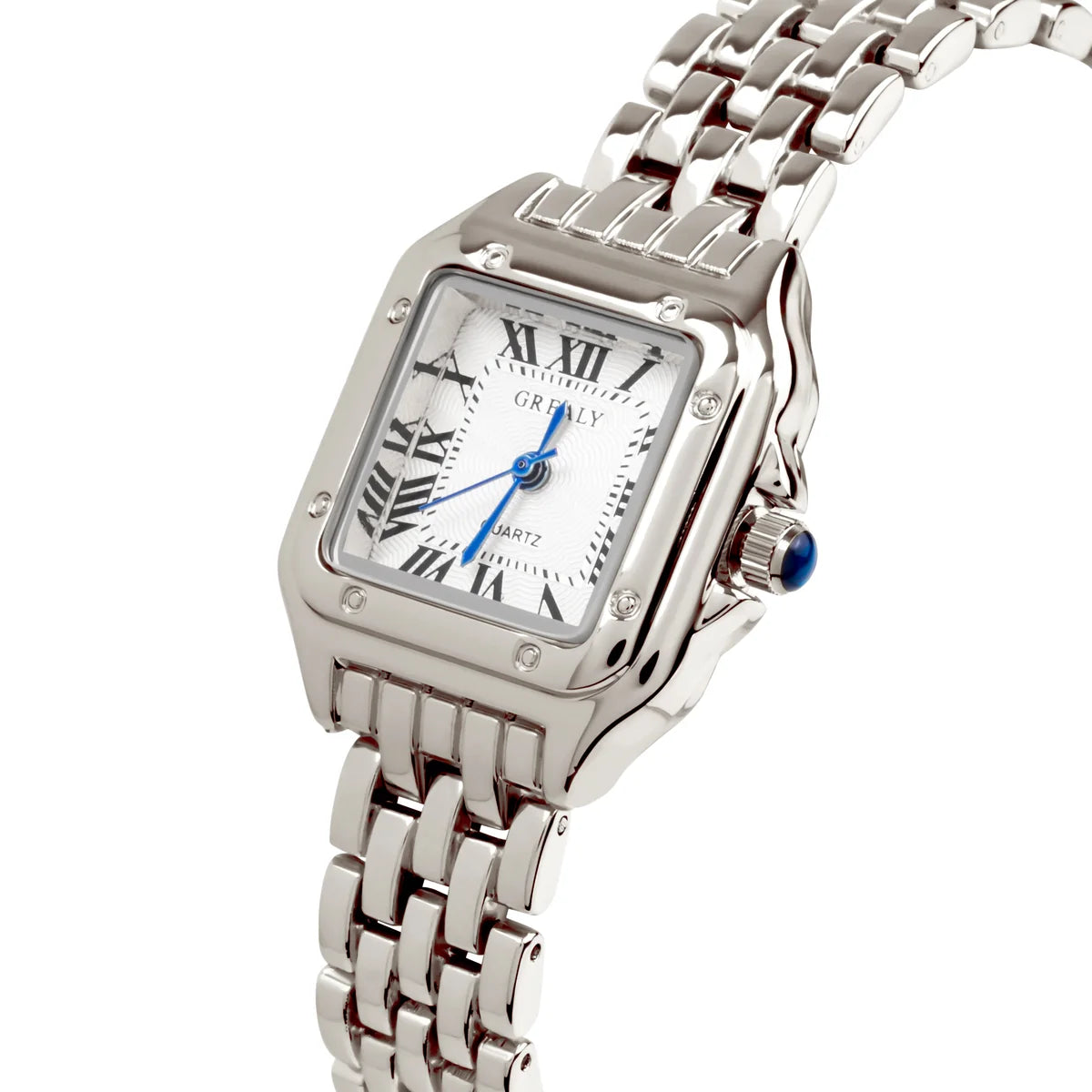 Virgena Grealy silver-tone square watch with crystal-set bezel, angled view of the Roman numeral dial