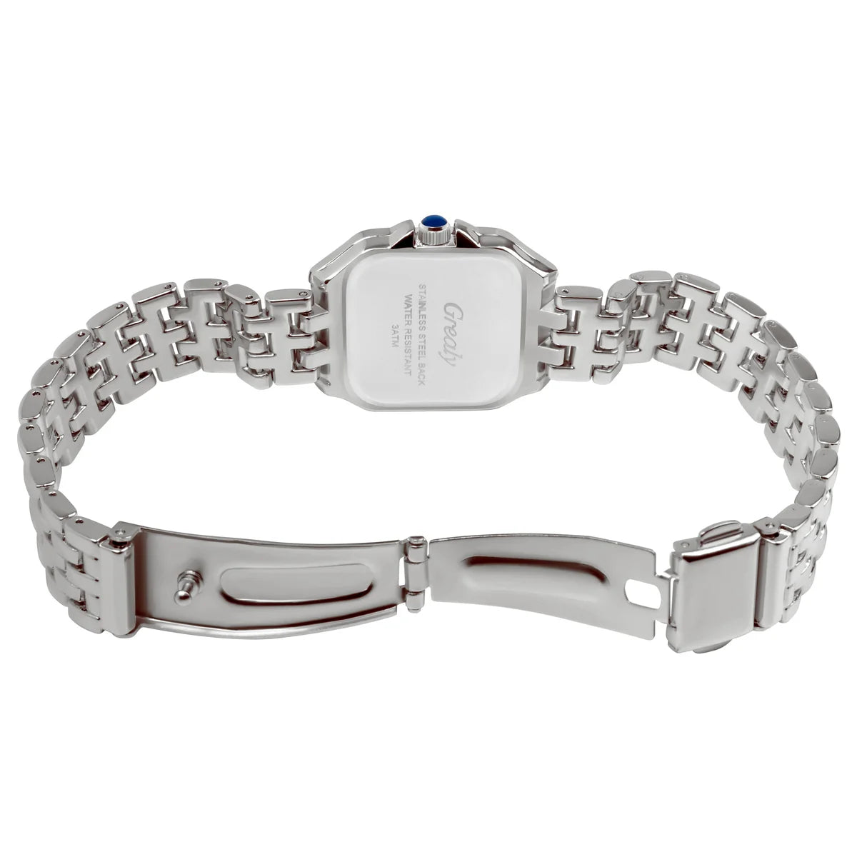 Back of the Virgena Grealy silver-tone watch showing the caseback and folding clasp