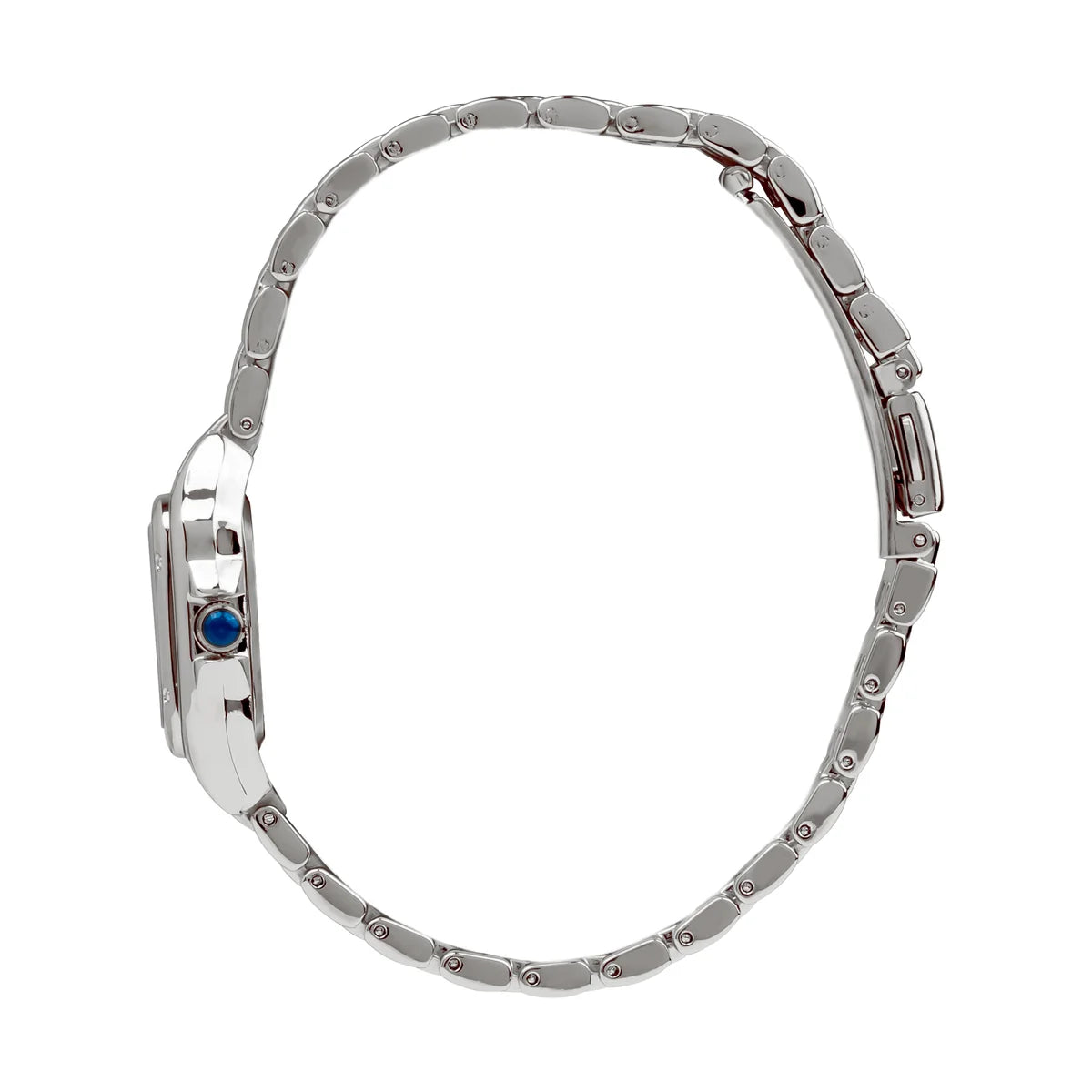 Virgena Grealy silver-tone watch, side profile showing the blue crown and full bracelet